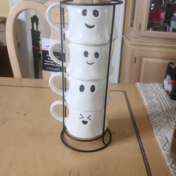 Halloween white ghosts stackable mugs Set of 4 with rack - Picture 1 of 5